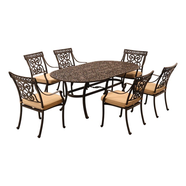 Castelle Cast Aluminum Outdoor Dining Table With Six Chairs Patio Set For Sale