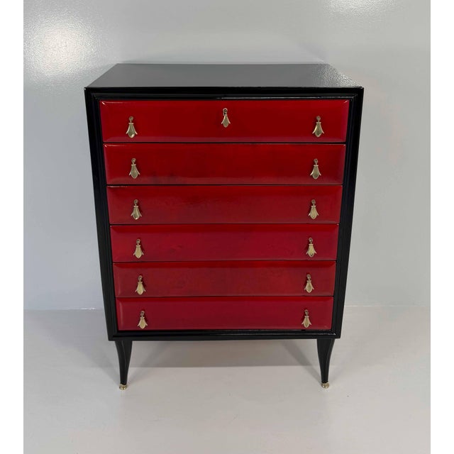 Italian Art Deco Cherry Red Parchment and Black Lacquered Chest of Drawer, 1950s For Sale - Image 3 of 10
