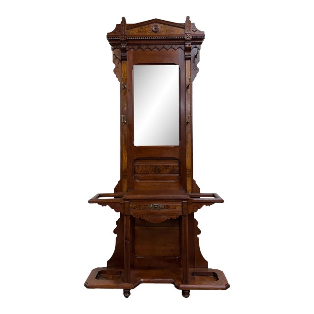 Antique Victorian Eastlake Walnut Hall Tree With Mirror and Hooks and Drawer For Sale