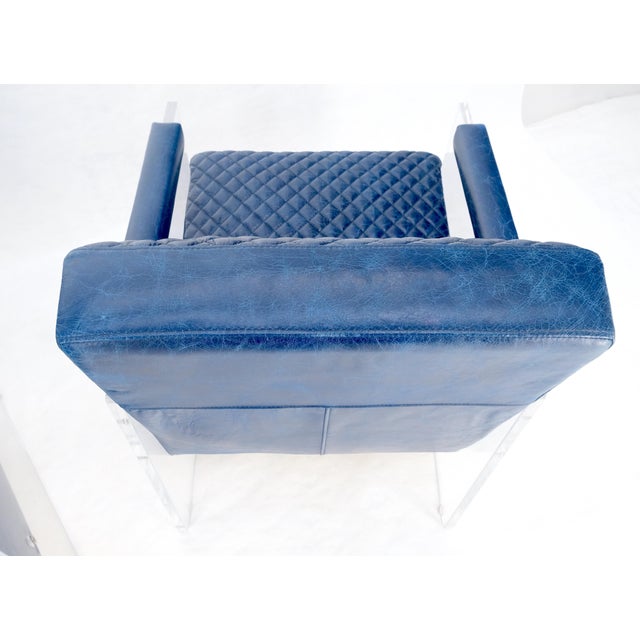 Pace Collection Pair of blue Quilted Leather Upholstery Seats Lucite Base Arm Lounge Club Chairs For Sale - Image 4 of 14