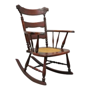 Early 20th Century Antique Victorian Carved Mahogany Figural Eagle Cane Seat Rocker Rocking Chair
