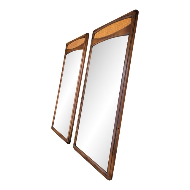 Pair of Walnut and Rattan Wall Mirrors by Lane Rhythm Collection For Sale