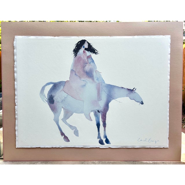 Rustic 1970s Vintage Original Signed Carol Grigg Water Color “Earth Healer” on Horseback For Sale - Image 3 of 12