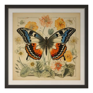 18' X 18' Framed 'Butterfly and Flowers' Fine Art Print For Sale