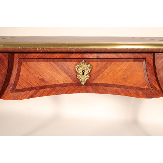 Antique Louis XV Style King Wood and Tulip Wood Bronze Mounted Leather Top Desk For Sale - Image 10 of 12