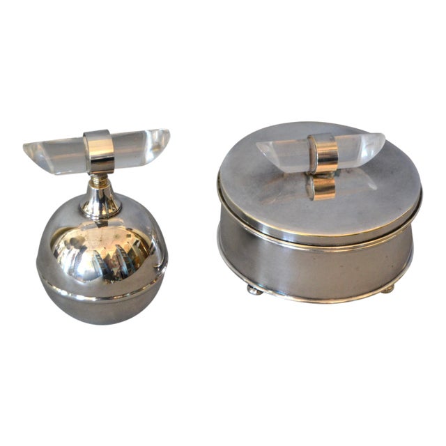 Mid-Century Modern Silver Plate & Lucite Perfume Bottle & Powder Box 2 Pc. Vanity Set For Sale