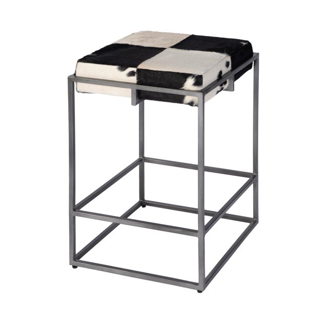 Black Stinson 26.5 in. Seat Height Hair on Hide Leather and Iron Counter Stool with Footrest, Black and White For Sale - Image 8 of 8