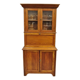 Antique Primitive Country Farmhouse Pine Wood Secretary Bookcase Cupboard For Sale