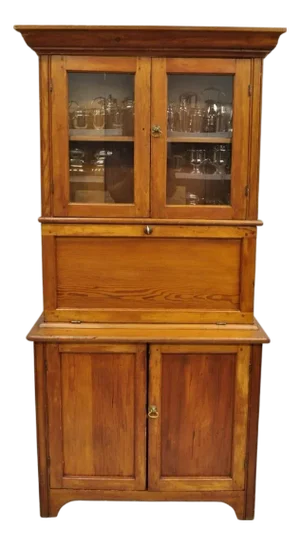 Antique Primitive Country Farmhouse Pine Wood Secretary Bookcase Cupboard