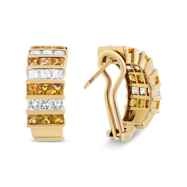 Haus of Brilliance 18K Yellow Gold 1 3/4 Cttw Invisible Set Princess Cut Diamond and 2.5mm Yellow Sapphire Huggie Hoop Earrings (F-G Color, VS1-VS2 Clarity) For Sale - Image 4 of 6