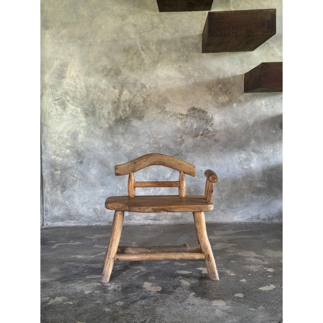 1990s Small Vintage Bench with Backrest and Armrest in Light Asian Teak, 1990s For Sale - Image 5 of 10