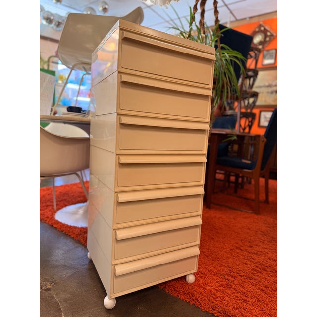 Space-age, white plastic, stacking drawer unit on casters 7 Drawers Total All original