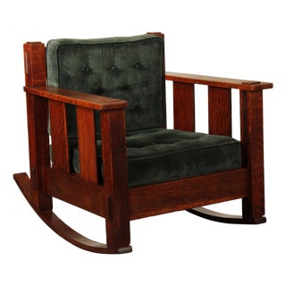 Stickley Brothers Antique Oak Arts & Crafts Rocking Chair With Green Upholstered Cushions For Sale