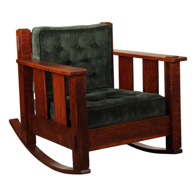 Stickley Brothers Antique Oak Arts & Crafts Rocking Chair With Green Upholstered Cushions For Sale