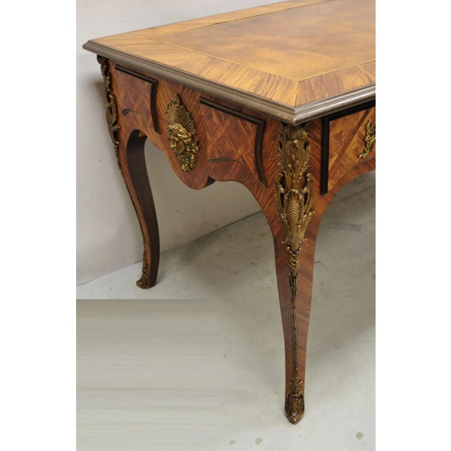 French Vintage French Louis XV Style Figural Bronze Ormolu Leather Top Desk Bureau Plat For Sale - Image 3 of 12