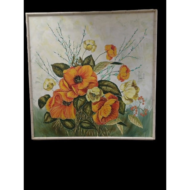 Boho Chic Vintage Oil Painting on Canvas of Hibiscus Flowers Signed For Sale - Image 3 of 3