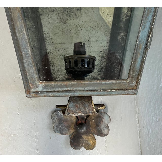 Metal French Patinated Copper & Tole Wall Lanterns With Ball Finials - a Pair For Sale - Image 7 of 13