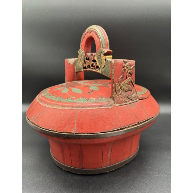 Chinese Antique Chinese Red Laquer Wedding Basket For Sale - Image 3 of 11