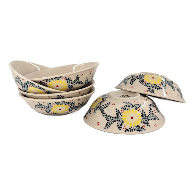 Asian Modern Bat Trang Vietnam Multipurpose Ceramic Bowls Hand Painted in Yellow Floral Motif - Set of 6 For Sale
