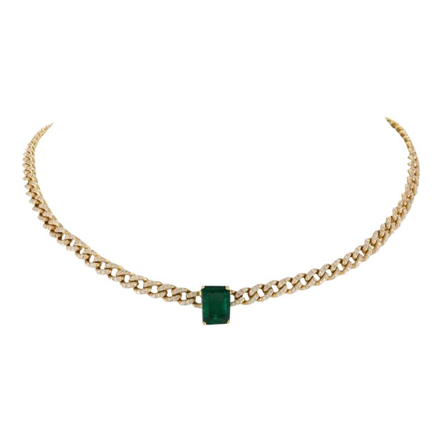 Statement 2.72ct Emerald & 2.52ct Diamond Choker Necklace in 18k Solid Gold for Women For Sale
