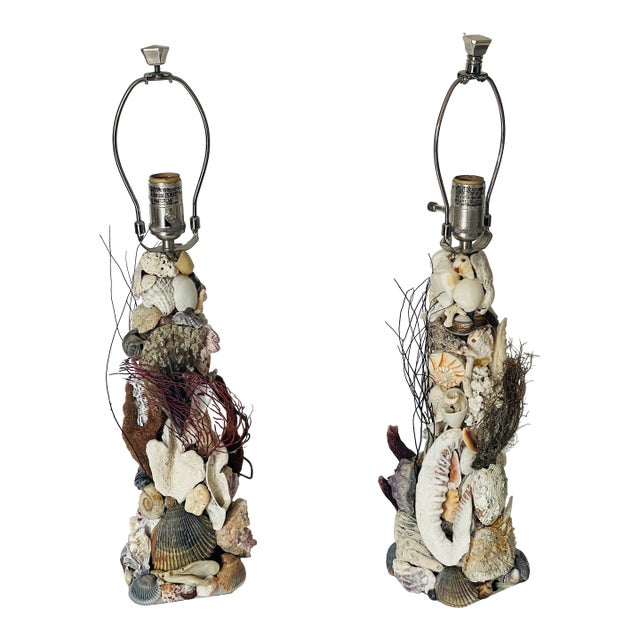 1970s Marine World Grotto Sea Shells Amethyst Ammonite Table Lamps Pair For Sale