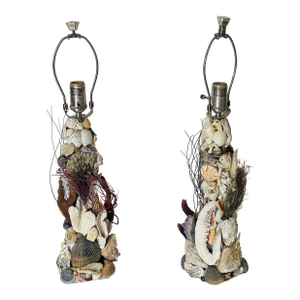 Reduced-Marine World Grotto Sea Shells Amethyst Ammonite Table Lamps Pair