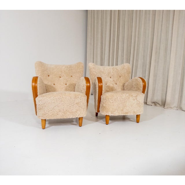 Beige Swedish Modern Sheepskin Lounge Chairs, 1940s, Set of 2 For Sale - Image 8 of 12