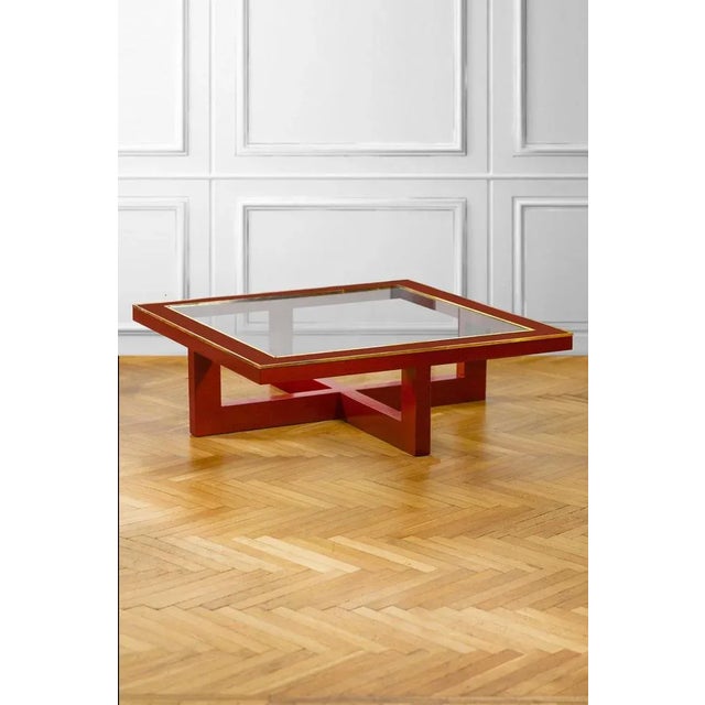 Large China Red Lacquered Low Lounge Table with Brass Details, Italy, 1970s For Sale - Image 6 of 6
