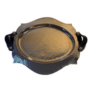 Global Views Hammered Nickel Oval Tray With Black Leather Handles & Ball Feet For Sale