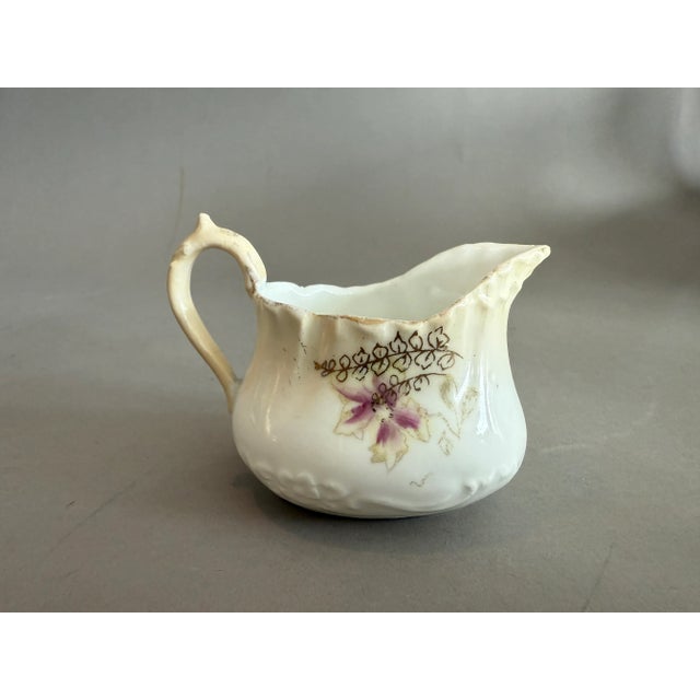 Victorian Antique Creamer Porcelain Transfer Ware Purple White Gilt Flowers For Sale - Image 3 of 9