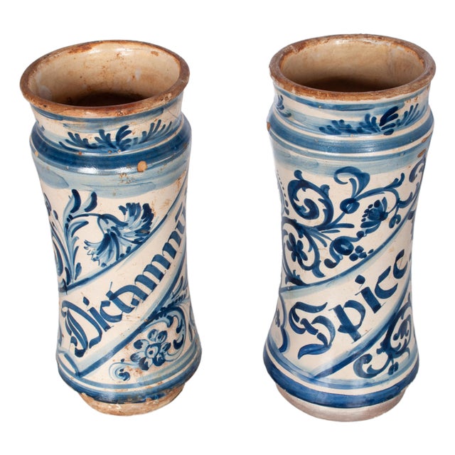 Baroque Pair of Antique 17th Century Spanish Blue & White Pottery Albarelli Drug Jars 1680 For Sale - Image 3 of 12