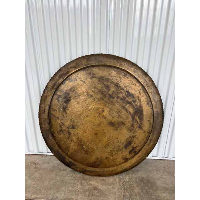 Metal Large Asian Round Brass Tray Table, Wall Hanging, Scalloped Edges For Sale - Image 7 of 9