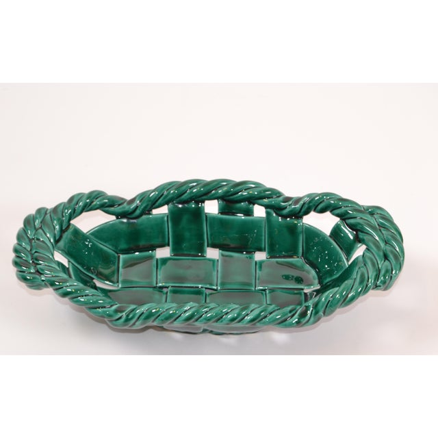 1960s Vallauris France Glazed Woven Ceramic Basket Emerald Green Mid-Century Modern For Sale - Image 5 of 12