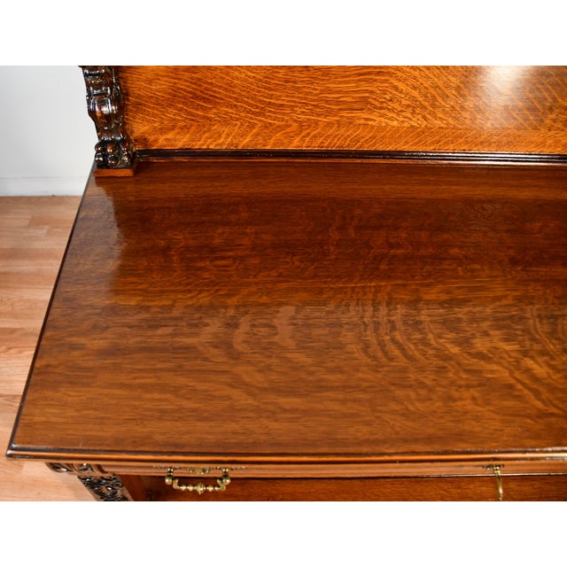 Traditional 1900 Antique Rj Horner Solid Tiger Oak Carved Griffin Server / Buffet For Sale - Image 3 of 18