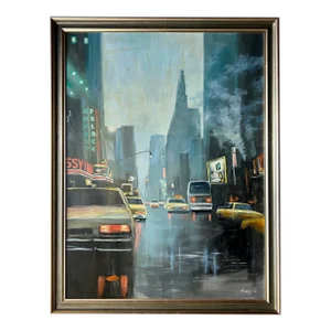 Vintage New York City Street Cityscape - Times Square & Taxis Painting, 1992