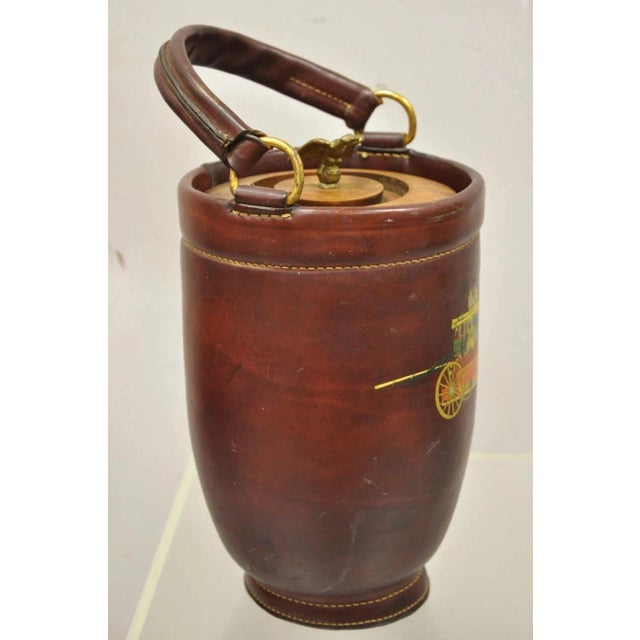 Vintage Loyal Papeete Firetruck Brown Leather Brass Eagle Handle Bar Ice Bucket For Sale - Image 4 of 11