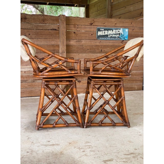 Vintage Coastal Chippendale Rattan Swivel Counter Stools-Pair For Sale - Image 4 of 12