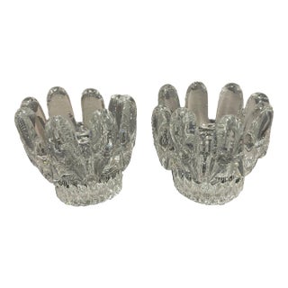 Vintage Goran Warff Kosta Boda, Sweden Crystal Sunflower Candle Holders- Set of 2 For Sale