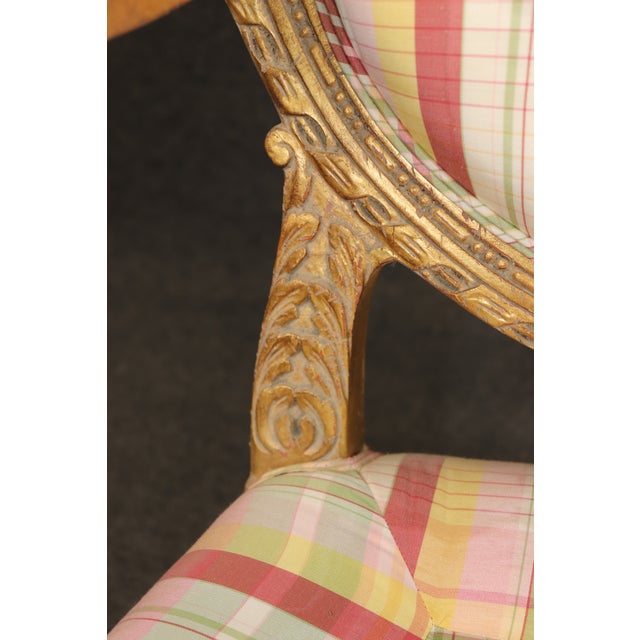 Pair of Louis XVI Style Gilt Carved Arm Chairs With Plaid Upholstery For Sale - Image 14 of 15