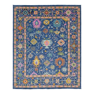 Vibrant Cobalt Blue Hand-Knotted Modern Oushak Style Area Rug With Jewel Tones For Sale