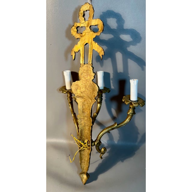 Pair of Gilt Brass Wall Sconces 3 Arm Electric Light French Neo Classical Style For Sale In Providence - Image 6 of 8