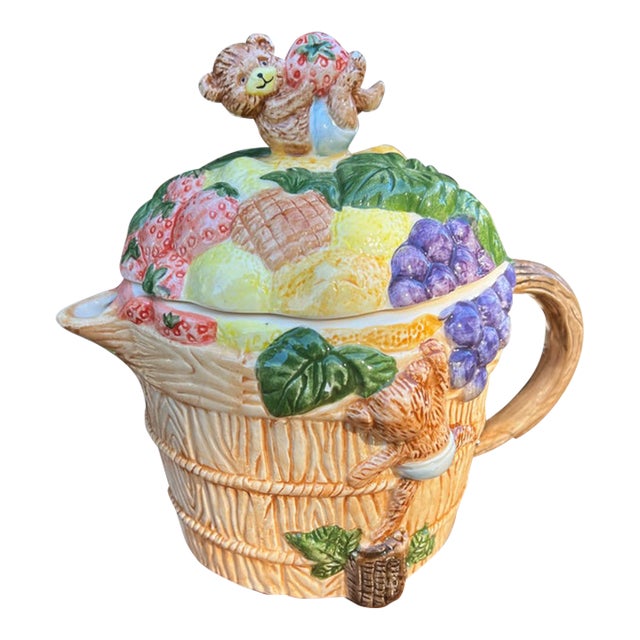 Vintage Ceramic Teapot With Fruit and Teddy Bear Accents For Sale