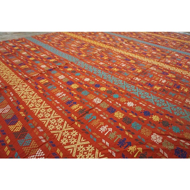 Textile Outstanding Red Background Color With Yellow-Blue Stripe Geometric Design Antique European Swedish Flat-Weave For Sale - Image 7 of 13