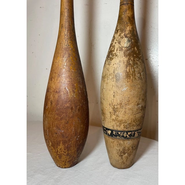 Wood Pair Antique 19th Century Handmade Folk Art Wood Exercise Weight Indian Club Pin For Sale - Image 7 of 8