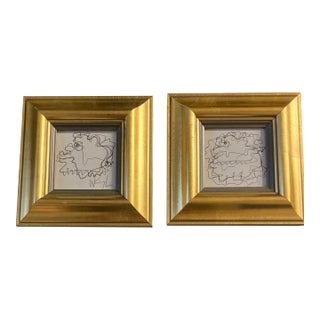 1980’s 2 Original Wayne Cunningham Small Abstract Ink Drawings Frames-A Pair For Sale