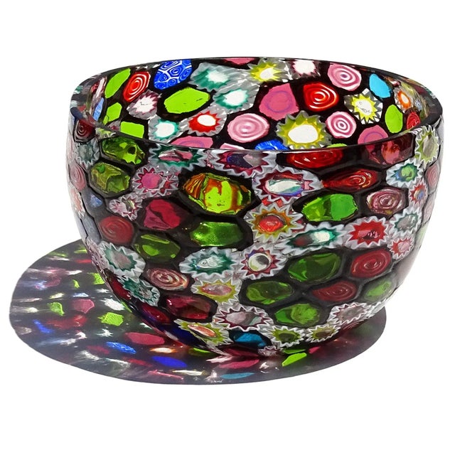 Murano Fratelli Toso Murano Vintage Millefiori Flowers Bullseye Mosaic Italian Art Glass Tall Oval Bowl Vase For Sale - Image 4 of 10