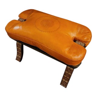 Moroccan Camel Saddle Orange Leather Cushion Stool For Sale