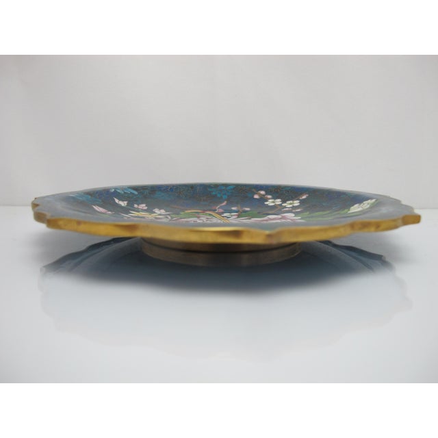 Blue Chinese Cloisonne Flower Basket Design Decorative Plate Custom Wood Stand For Sale - Image 8 of 10