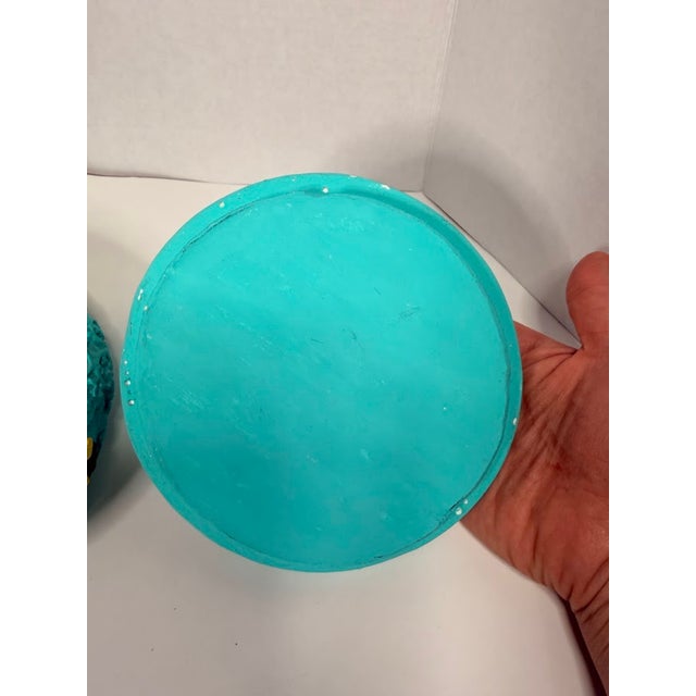 Sculpture Materials Vintage Style Turquoise Blue Round Trinket Box With Yellow Raised Floral Relief Florentine Plaster For Sale - Image 7 of 9
