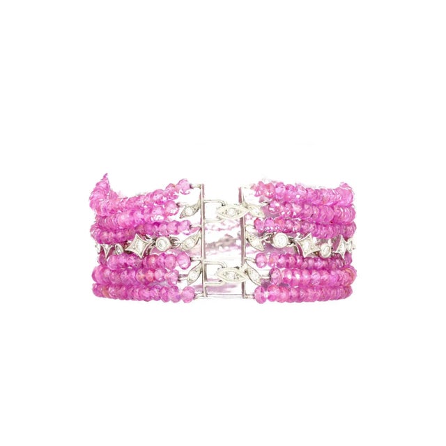 Metal Vintage Platinum Diamond & Pink Sapphire Bead Bracelet For Sale - Image 7 of 8